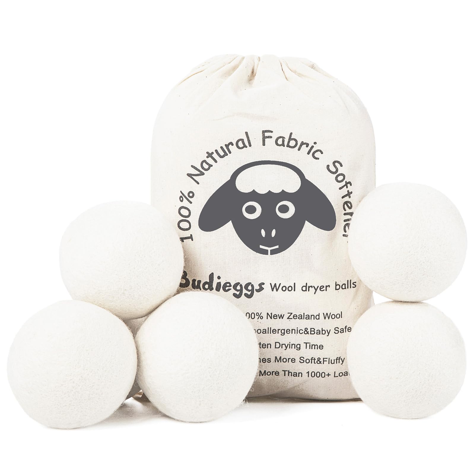 Wool Dryer Balls Organic XL 6-Pack, 100% New Zealand Chemical Free Fabric Softener for 1000+ Loads, Baby Safe & Hypoallergenic, Reduce Wrinkles & Shorten Drying Time Naturally