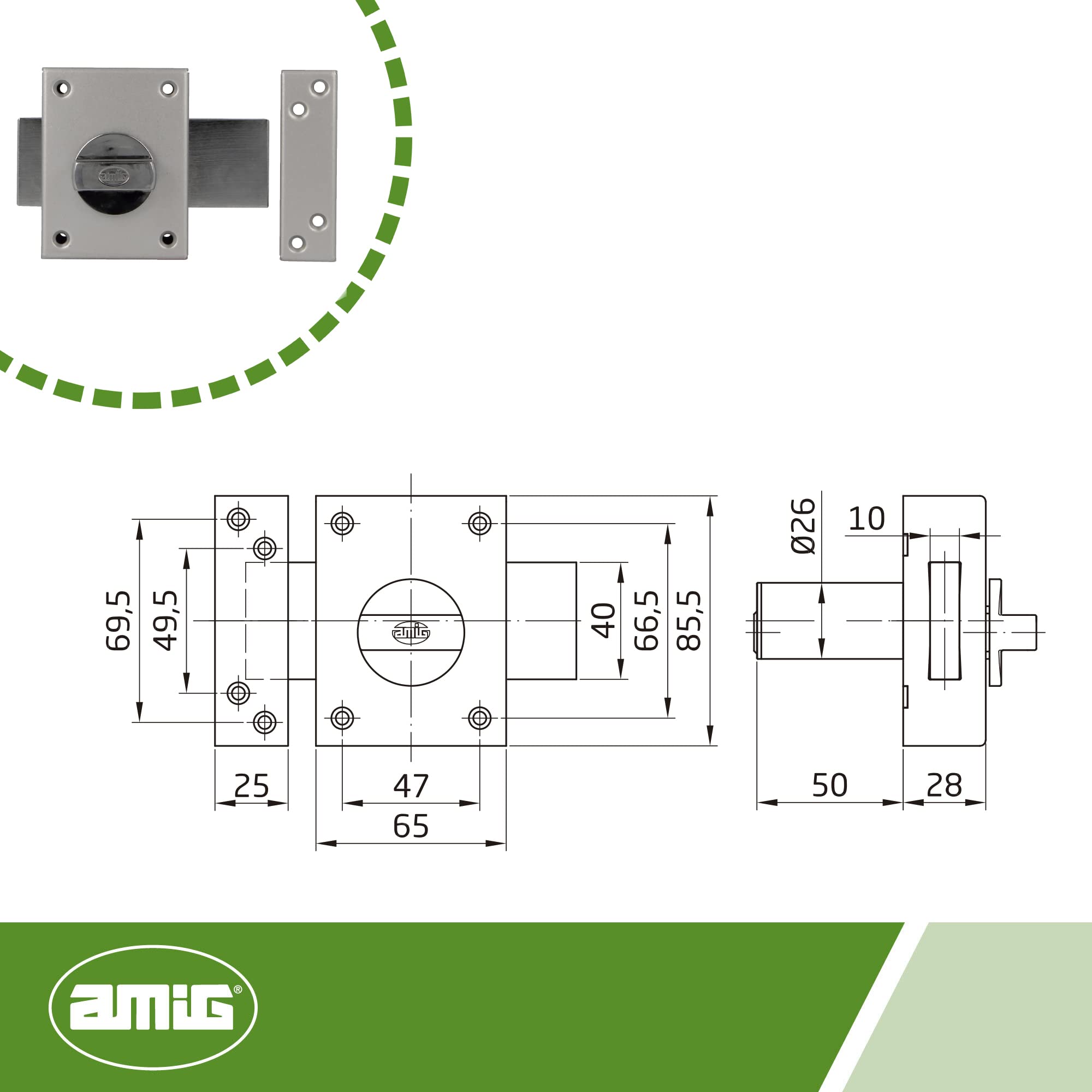 Amig - Cerradura de Sobreponer con Palanca de Cierre y Muletilla Interior para Puertas de Madera Mod. 85-85 x 65 mm - Pestillo Con Cilindro Redondo de Seguridad - Acero Esmaltado Plata