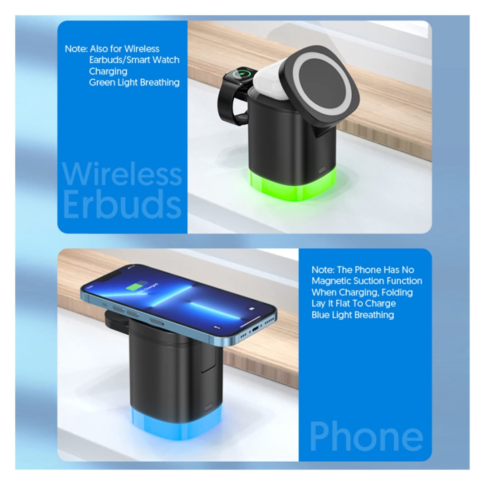 Bezprzewodowa ładowarka Magnetyczna bezprzewodowa ładowarka 3 w 1 Stojak Szybkie ładowanie LED Light Stacja dokująca do zegarka Słuchawki do telefonu(Nero)
