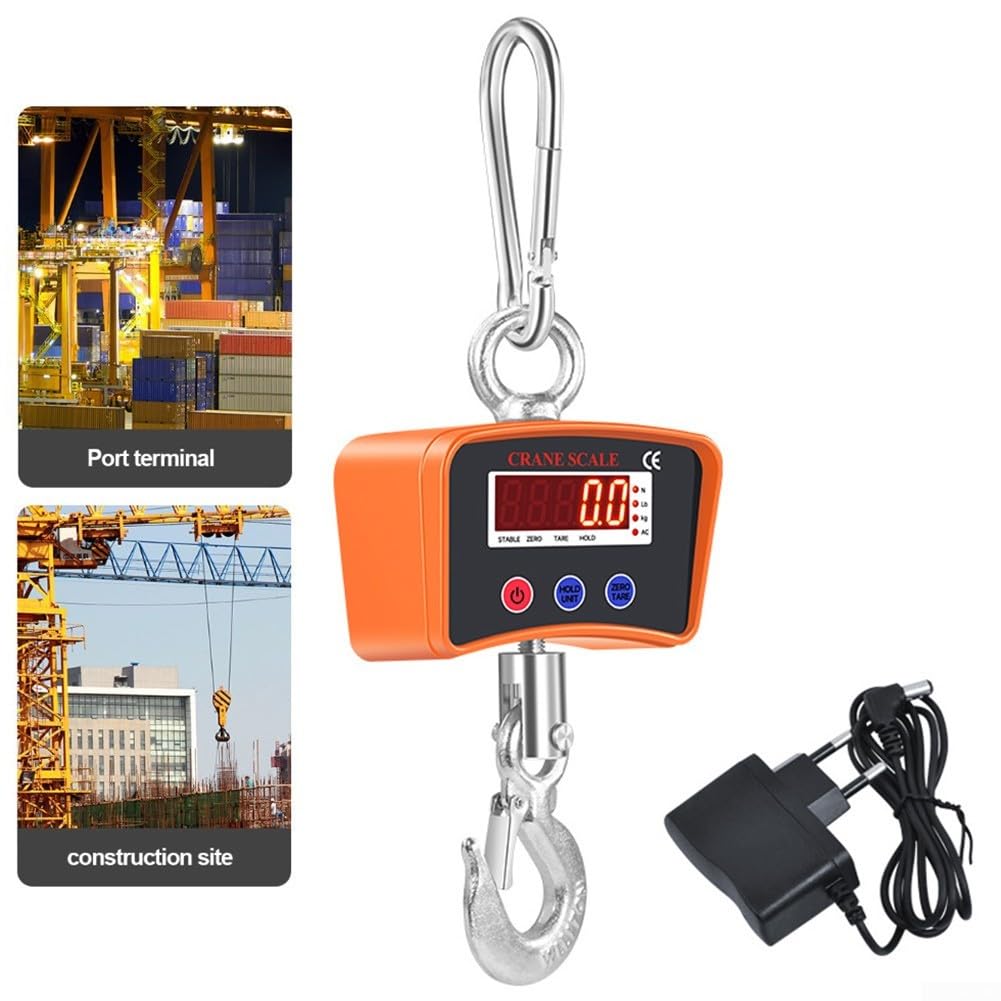 Elektronische Hängewaage 2200lbs/1000kg, Digitale Kranwaage mit LED-Anzeige, Wiederaufladbare Hängewaage, Schwerlast-Lager, Orange
