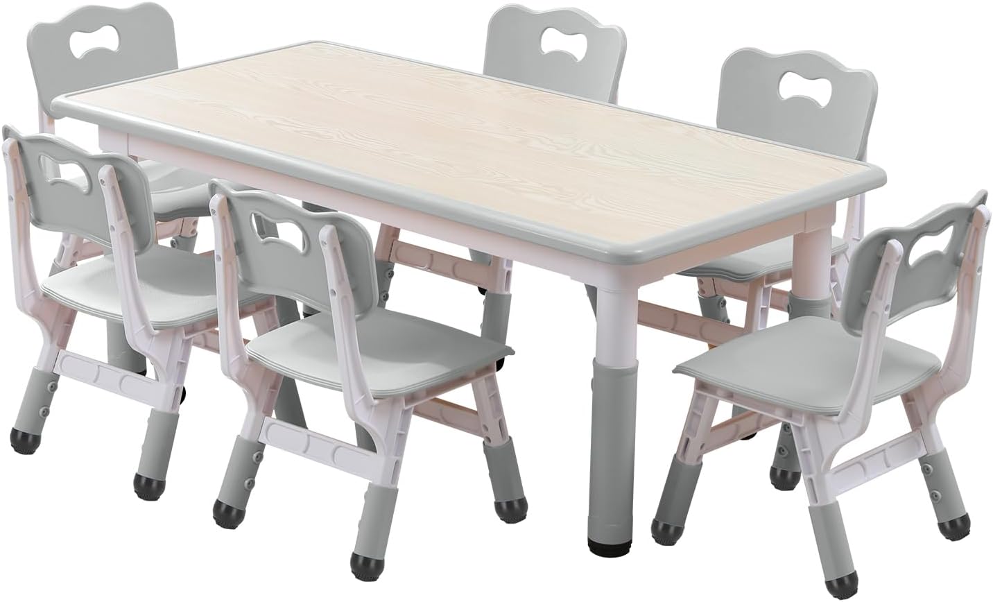Kids Table and Chairs Set, Height Adjustable Desk With 6 Seats for Ages 3-12,Arts & Crafts Table,Graffiti Desktop, Non-Slip Legs, Max 300lbs, Children Multi-Activity Table for Classrooms,Daycares,Home