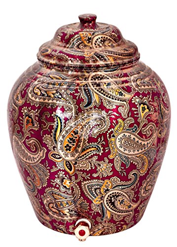 Image of INDIAN ART VILLA Printed Copper Water Dispenser Pot Matka, 13L, Maroon Design, Pure Copper for Healthy Drinking, with Lid & Tap, Home, Kitchen & Garden Use