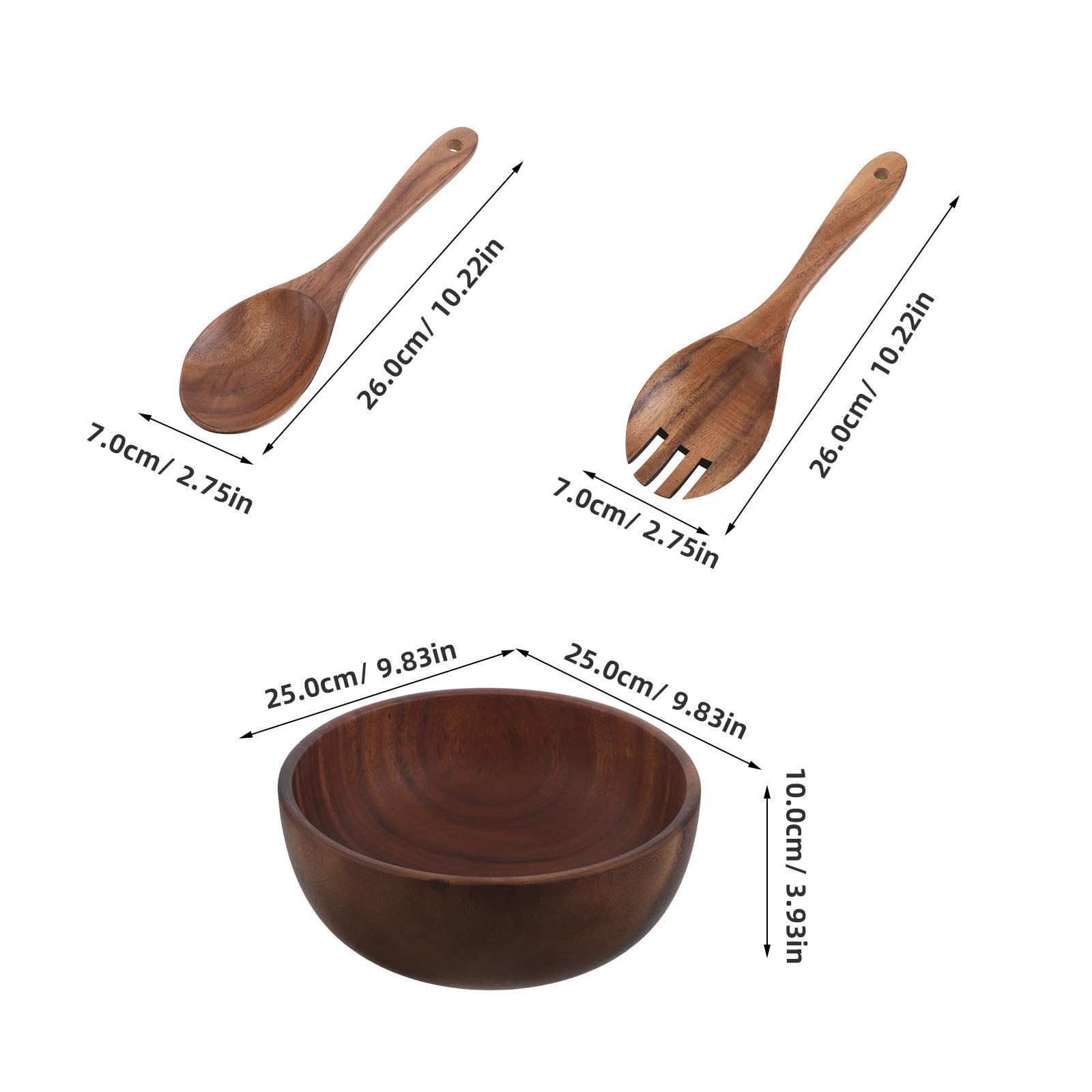 Juego de Cuencos para Servir Ensalada de Madera de 2, 5 L | Redondo Marrón, Incluye Tenedor y Cuchara, Acabado Rústico, 85 Oz para Reuniones y Fiestas