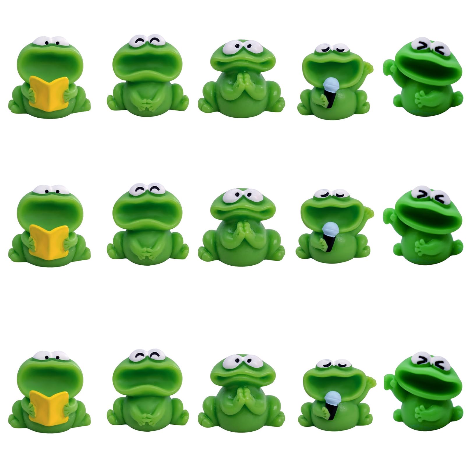 Pinenjoy 15Pcs Mini Resin Green Frogs Figurines - Tiny Big Mouthed Singing Miniatures for Cake Toppers, DIY Dollhouse, Fairy Garden, Moss Landscape,