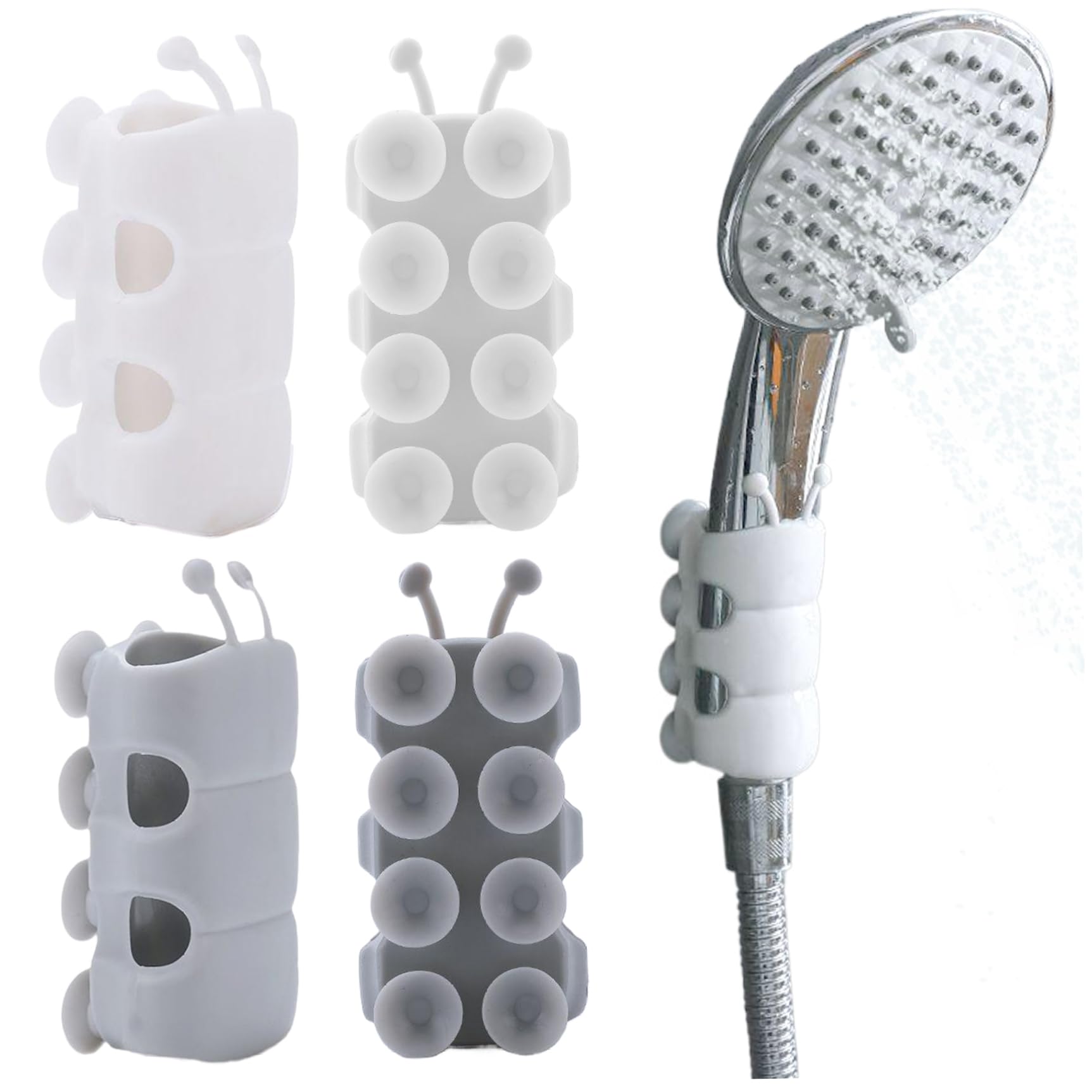 4Pcs Suction Cup Shower Head Holder, Caterpillar-Shaped TPE Shower Head Holder, Waterproof Punch-Free Wand, Washable Reusable Showerhead, 2 White and 2 Grey
