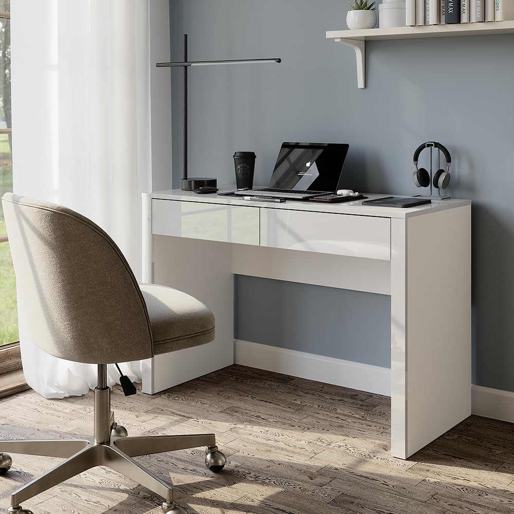 Vicco Bureau Annabelle, Blanc Brillant/Blanc, 110x50cm | avec 2 tiroirs, convient comme poste de travail pour le télétravail ou les études