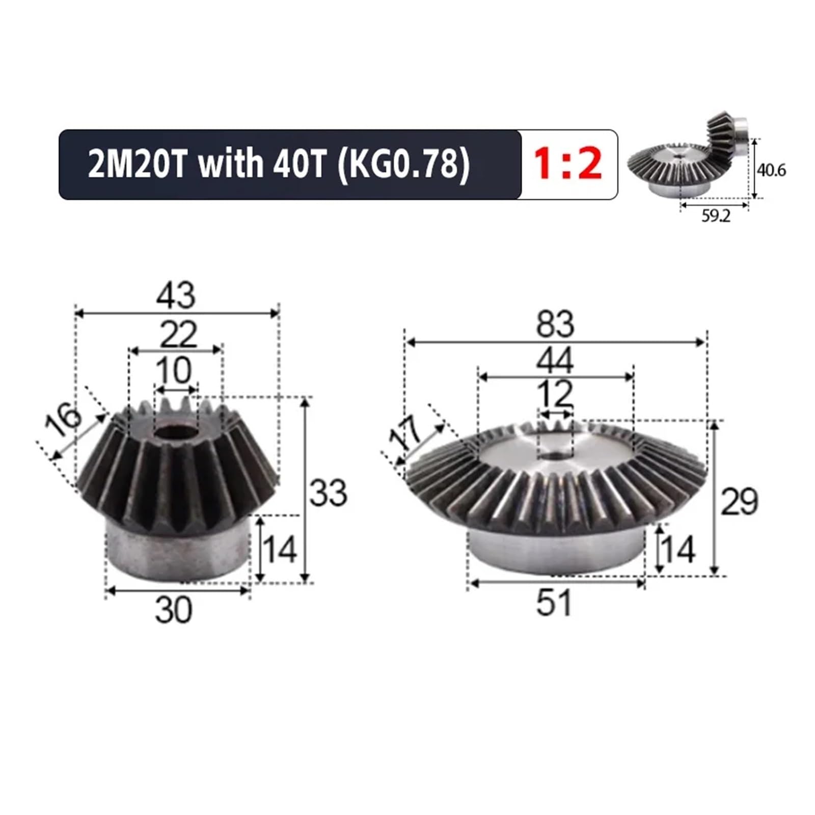 SHIHUANI Bevel Gears 2pcs 1:2 Bevel Gear 2 Modulus 20Teeth +40Teeth Inner Hole 12mm 90 Degree Drive Commutation Steel Gears Steel Gears Screw M5