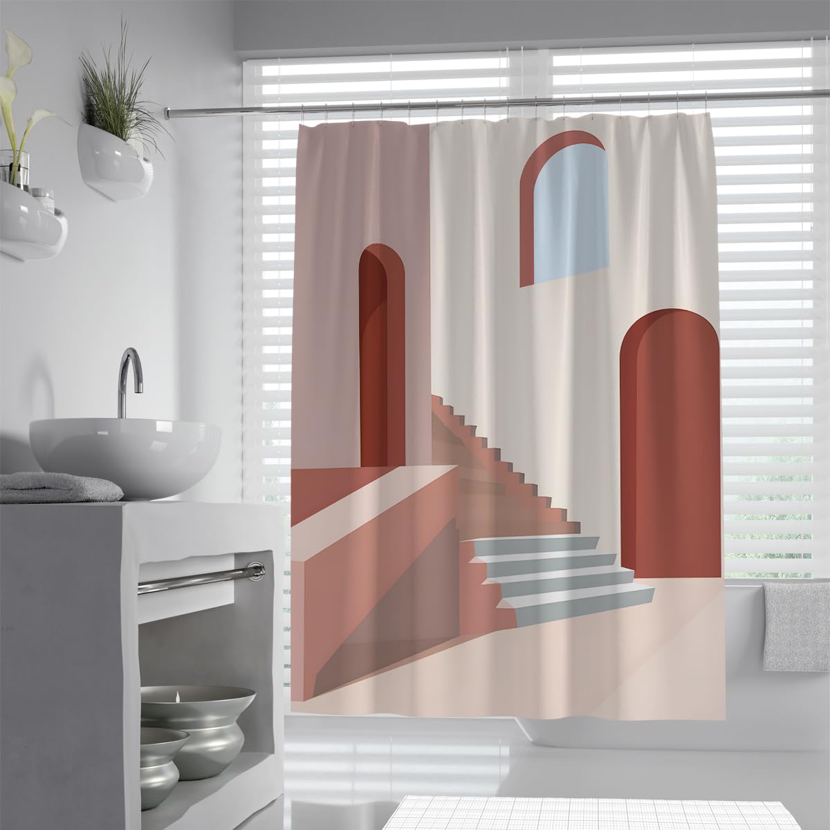 UIRINGART Contemporary Shower Curtain W160xL200cm Terracotta Arch Steps Stairs Art Mould Proof Easy To Clean Polyester Fabric Lightweight Bathroom Bathtub Curtains