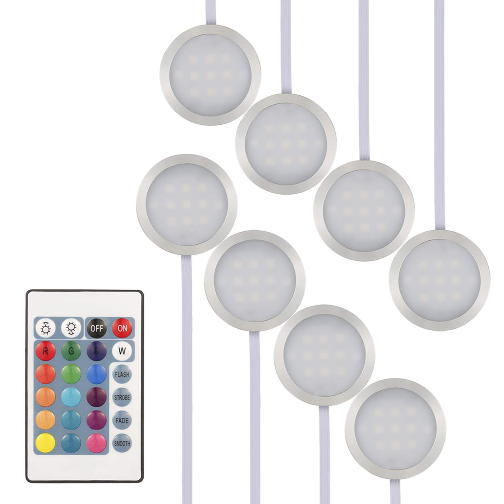 Lixada 8PCS RGB LED Kabinett Licht Installationssatz mit Fernbedienung für Bücherschrank Wandschrank, Dünne Runde Form Unterbauleuchte Farbändernde Dimmable Helligkeit Justierbar