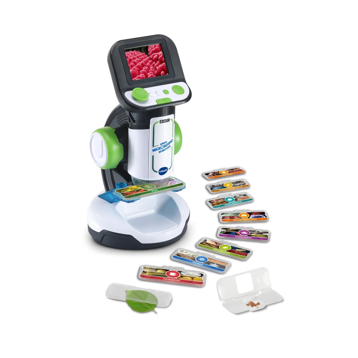 VTech Microscopio Interactivo, microscopio Infantil Digital con vídeo Original BBC, Pantalla de 2,4", Zoom 200x, 9 Diapositivas ilustradas, Ranura MicroSD, Idioma Italiano, Pilas Incluidas, 7-99 años