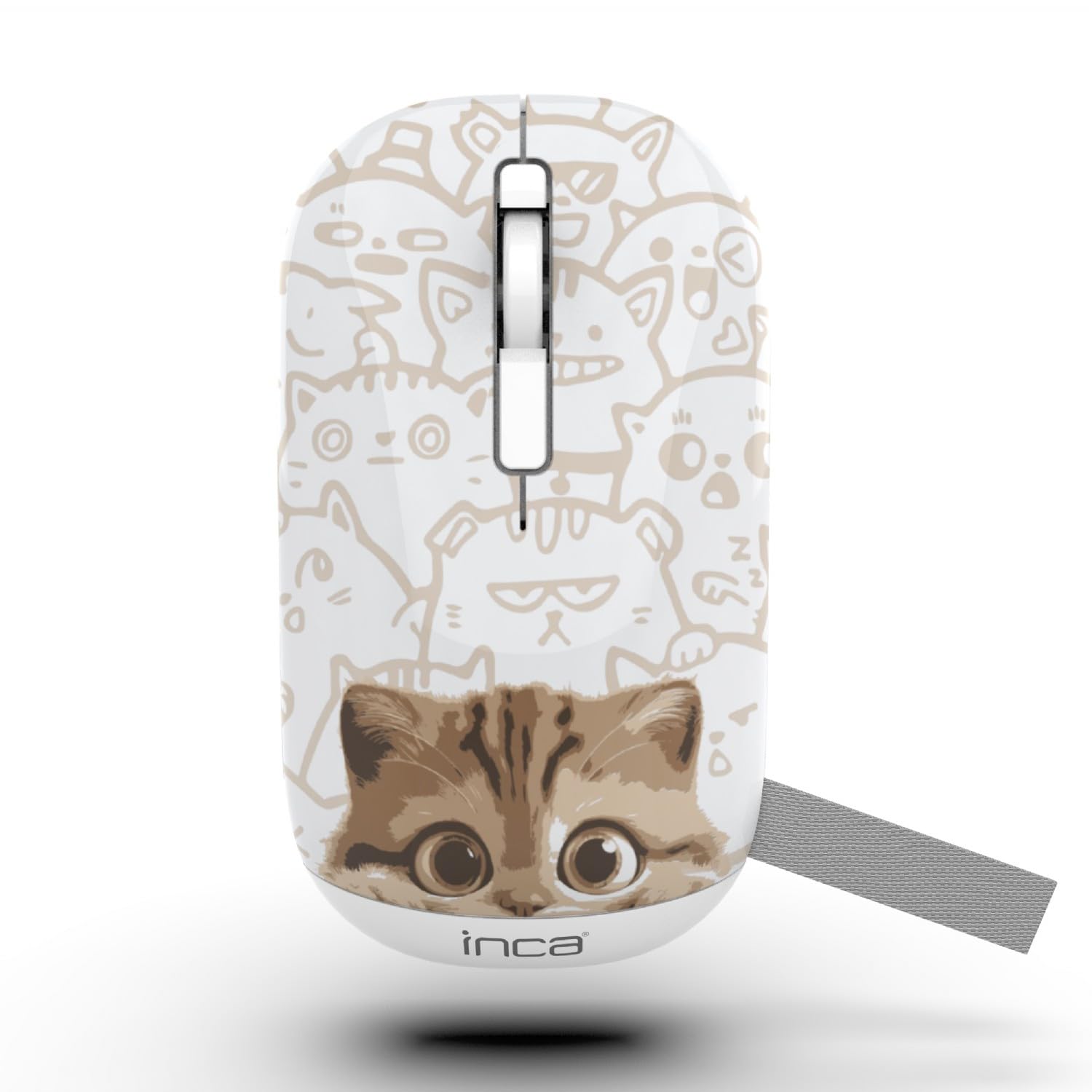 Inca IWM-242KT Çift Mod Şarj Edilebilir Kedi Desenli Sessiz Mouse, Bluetooth 5.4 + 2.4G, 500mAh, 70g, Beyaz