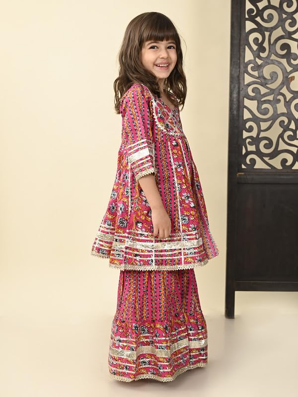 Image of superminis Girls Cotton Floral Printed Gotta Work 3 /4 Sleeves Flared Design Kurti & Sharara Set