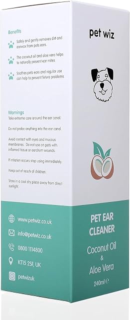 Foto 7 de 7 de pet wiz Limpiador de oídos para perros y gatos, aceite de coco y aloe vera (240 ml)