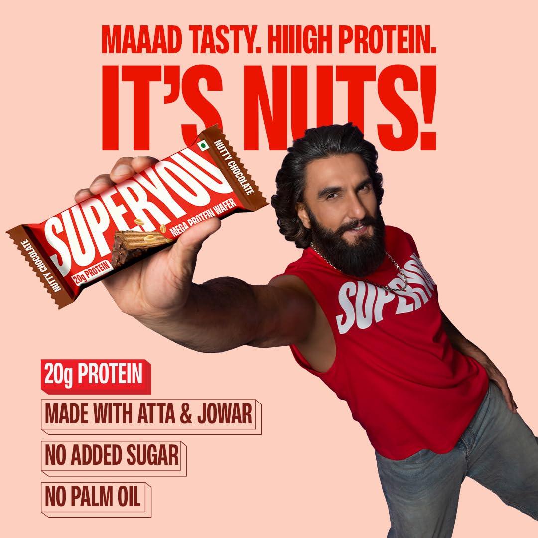 Superyou Nutty Chocolate Mega Protein Wafer Bar (Pack of 6) 20G Protein, 4.8g Fibre, No Added Sugar | Yeast Fermented |Energy Bars|Crunchy Wafer Bar|100% Vegetarian|No Palm Oil | 360g 1