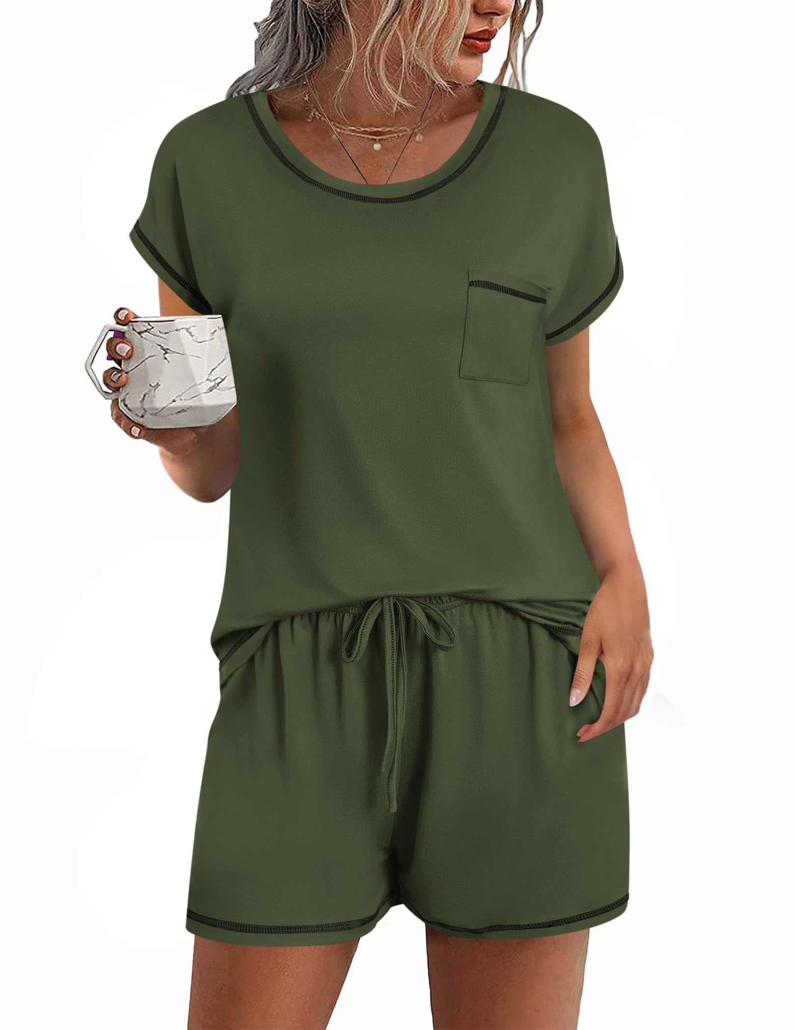 Ekouaer Womens Pajama Sets 2 Piece Soft Short Sleeve Top and Shorts Sleepwear Round Neck Pjs Lounge Set with Pockets