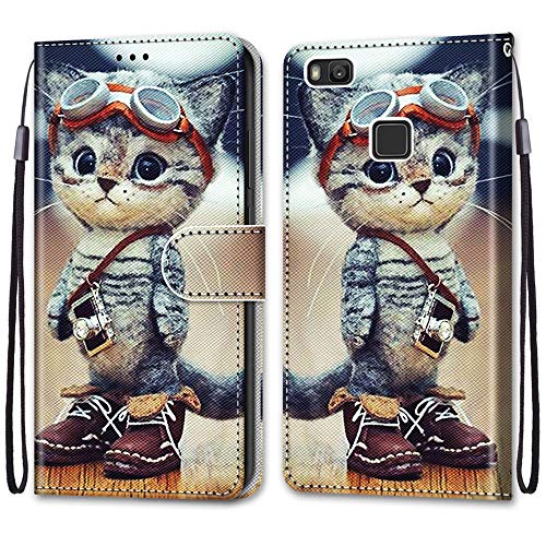 Mo-Somnus Funda para Huawei P9 Lite, Funda Cartera Funda Libro Caso Piel PU con Tapa Magnético Billetera Flip Carcasa Cuero [Protección Completa] [Ranura para Tarjeta] (Gato 1)