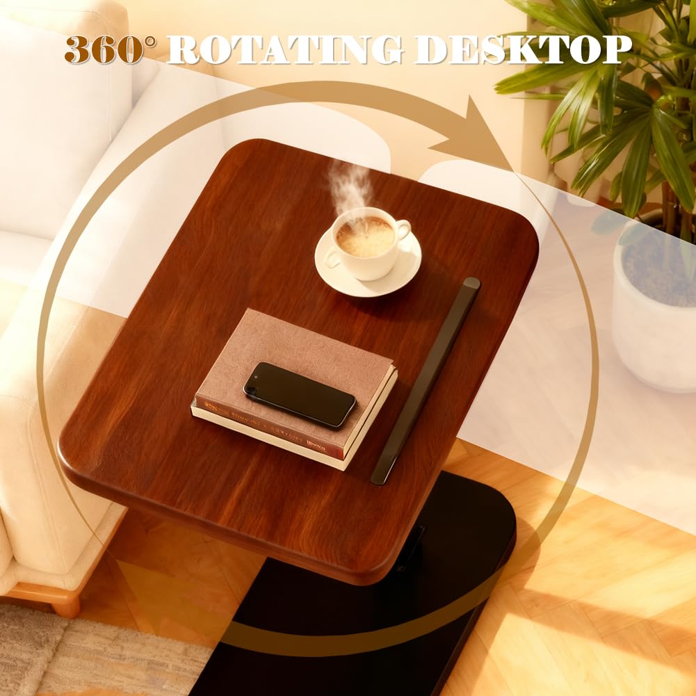 Tavolino girevole a 360°, a forma di C, regolabile in altezza, tavolino da caffè con struttura in metallo, salvaspazio per piccoli spazi, con supporto per smartphone e tablet (marrone noce)