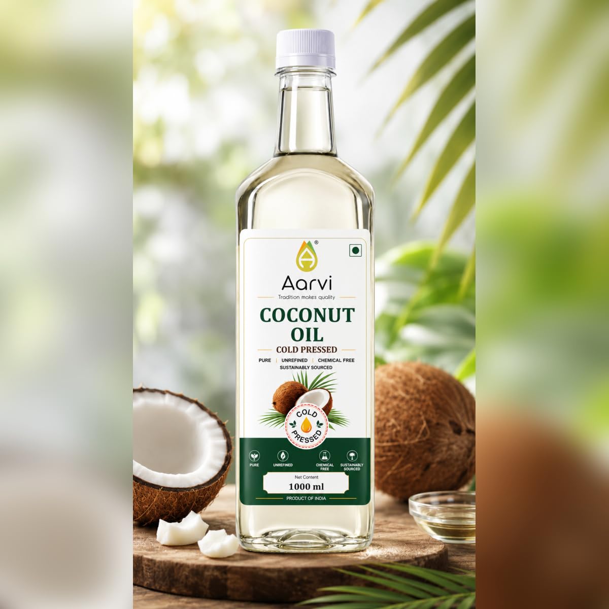 AARVI Cold Pressed Coconut Oil 1 Litre | 100% Pure & Unrefined | Cold Pressed | Edible Cooking Oil | Chemical Free | Natural Coconut Oil for Cooking & Baking 1
