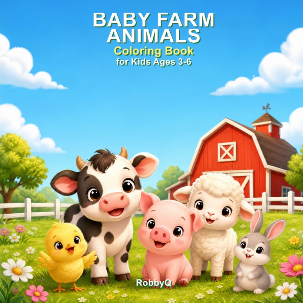 Baby Farm Animals Coloring Book: Cute Cows, Pigs, Sheep, Horses and Barnyard Friends for Kids Ages 3-6