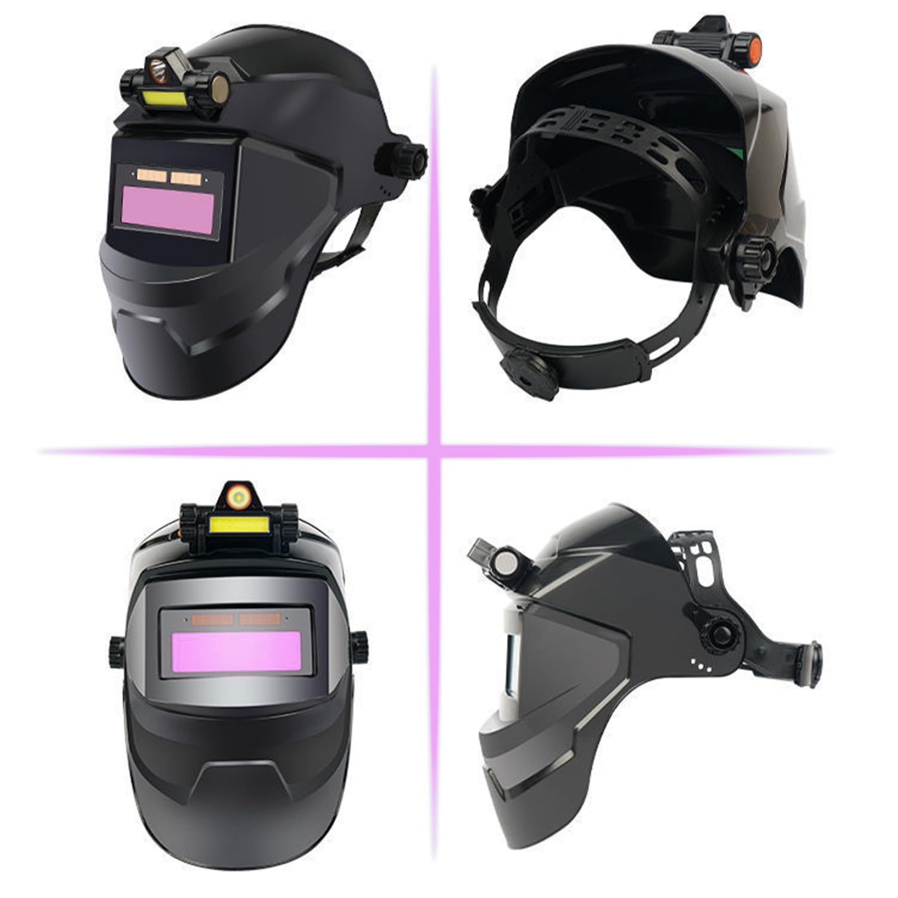Casco de Soldadura con oscurecimiento automático, máscara de Soldadura LCD con energía Solar y Linterna Frontal, Capucha de Transpirable, Ajustable y Resistente al Calor con diseño Gira