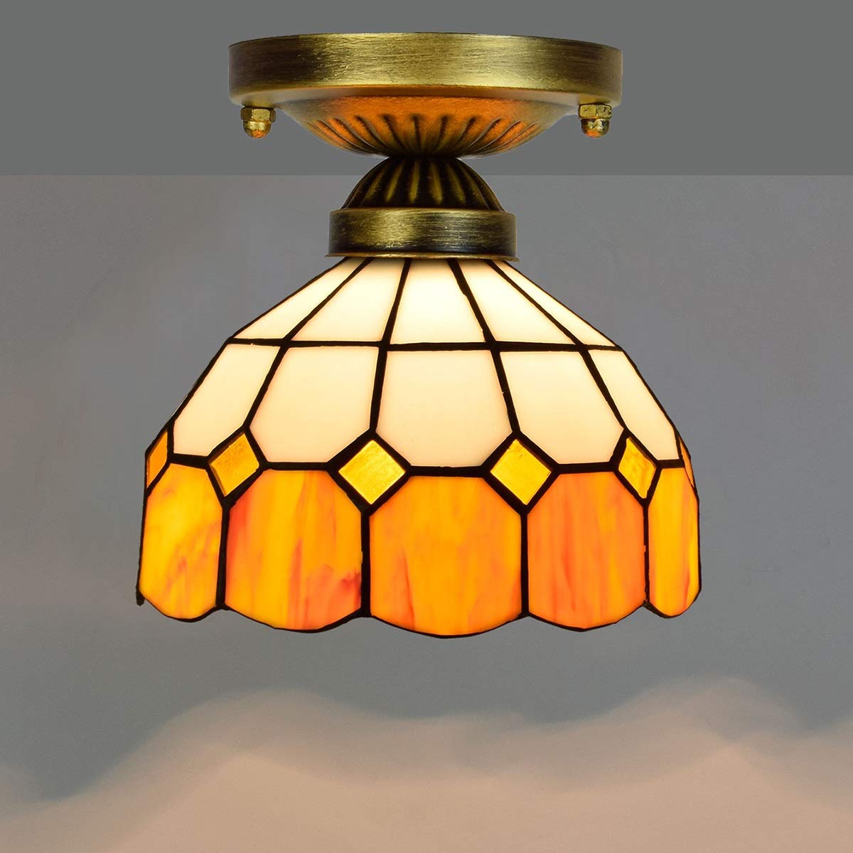 Illuminazione da soffitto con vetri da 20,3 cm Tiffany per corridoio, mediterraneo, giallo, bianco, griglia, corridoio, balcone, luce piccola