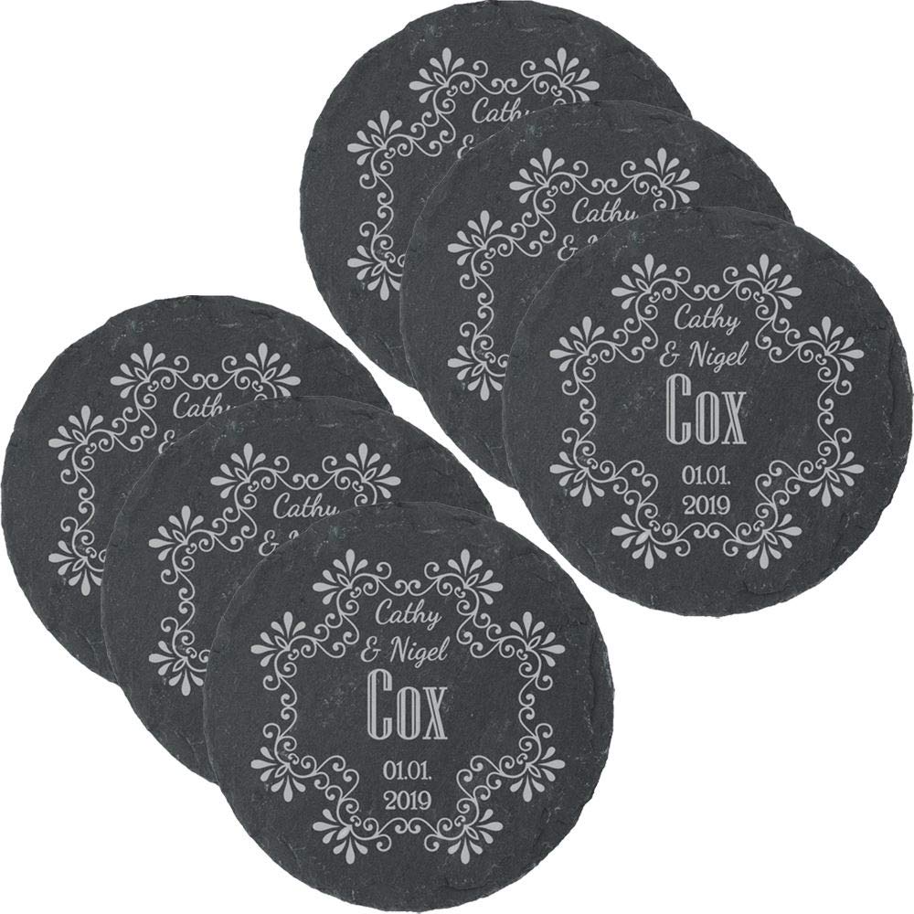 All Things Personalised Set Of 6 Personalised Engraved Round Slate Wedding Coaster With Names