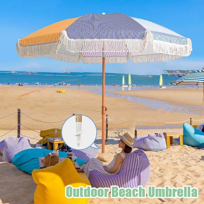 Ombrellone Da Giardino Con Frange, 180cm Ombrellone Mare Portatile Inclinabile, Parasole Esterno Per Terrazza, Spiaggia, Piscina, Senza Base