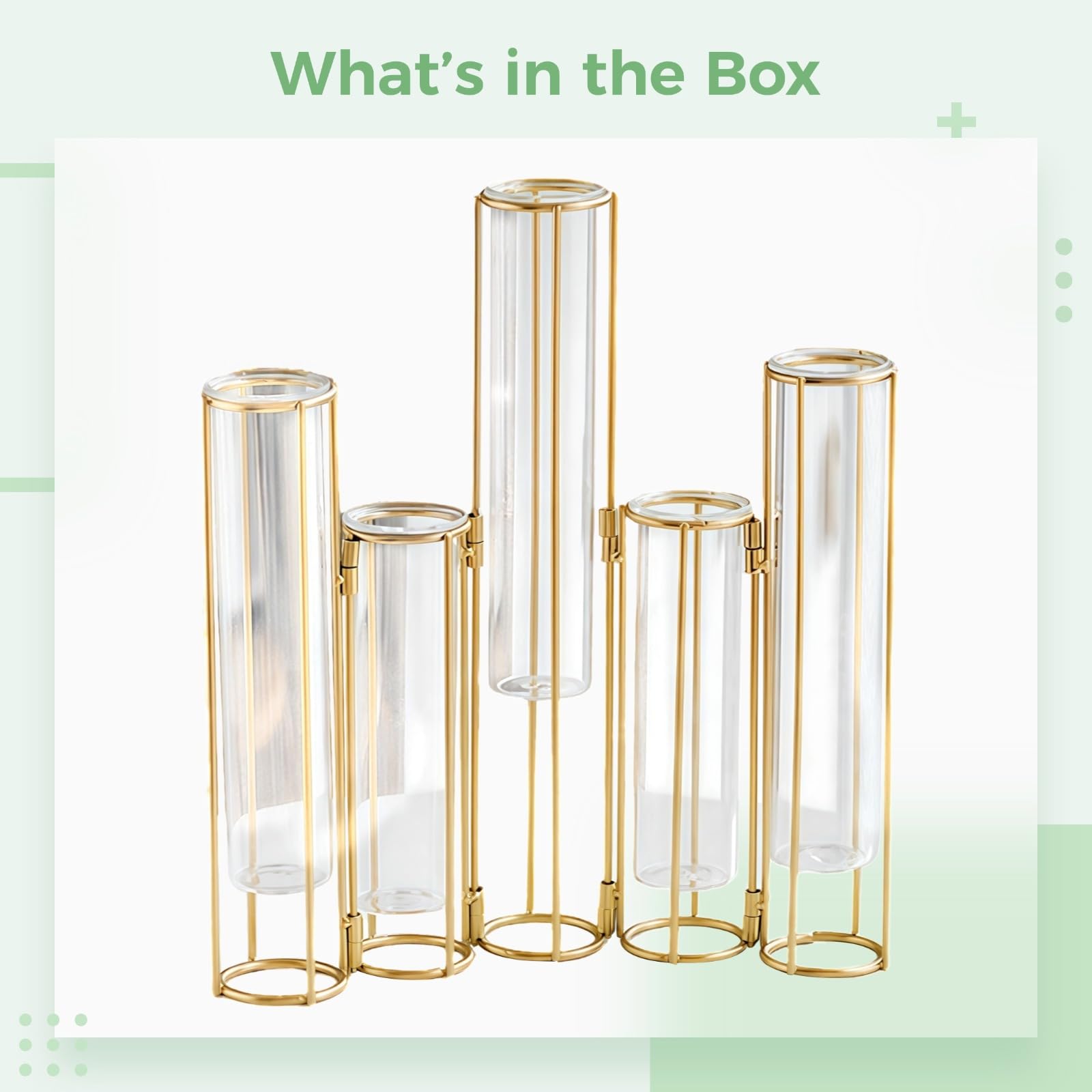 Vase tube à essai pour fleurs, vase de propagation en verre à 5 positions à suspendre avec cadre en fer pliable, métal doré, style européen moderne, idéal pour la décoration de la maison et du balcon