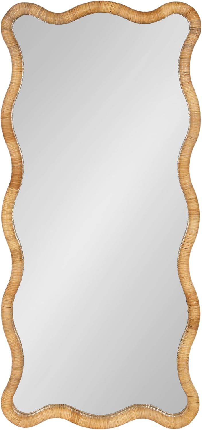 Kate and Laurel Rahfy Boho Scalloped Rectangle Rattan Wall Mirror, 22 x 48, Natural Wood, Decorative Rectangular Wavy Mirror with Authentic Rattan Frame for Bedroom Mirror Decor
