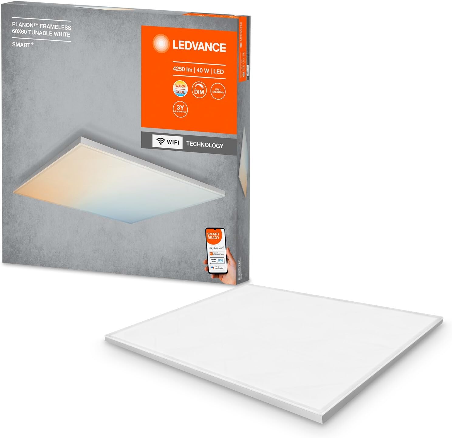 LEDVANCE Smart LEDCeiling Luminaire, Indoor Panel with WiFi Technology, Tunable White (3000K-6500K), 600 mm X 600 mm, Compatible with Google and Alexa Voice Control, Smart+ WiFi ORBIS Frameless