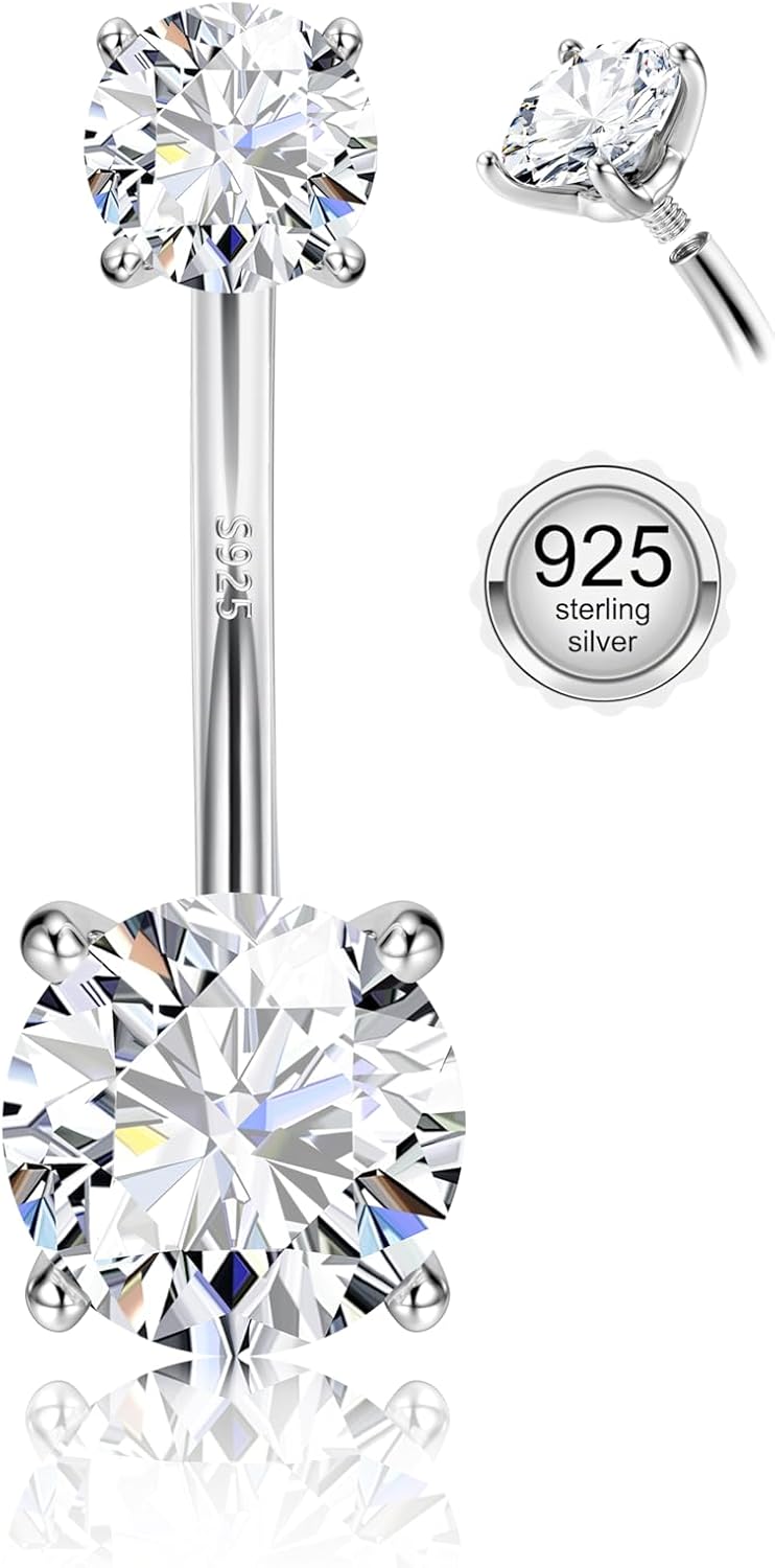 FIASASO 14G Surgical Steel G23 Titanium Sterling Silver 14K Gold Plated Belly Button Rings for Women Round Cubic Zirconia Navel Barbell Stud Hypoallergenic Body Piercing Jewelry