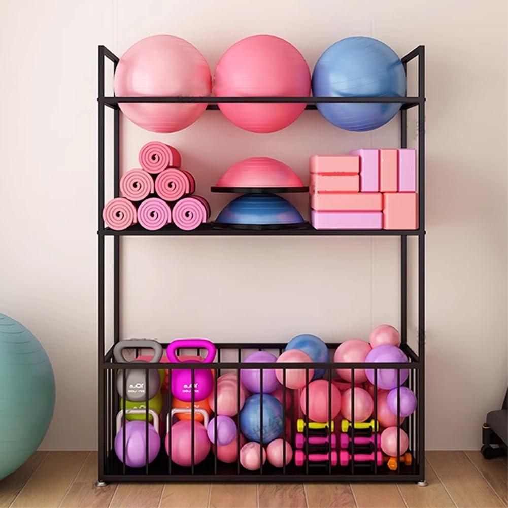 Soporte para Esterilla de Yoga, Soporte de Pesas de Acero para Gimnasio en casa, Organizador de Almacenamiento Multicapa con cestas para Rodillos de Espuma, Bloques de Yoga, Mancuernas y Acc