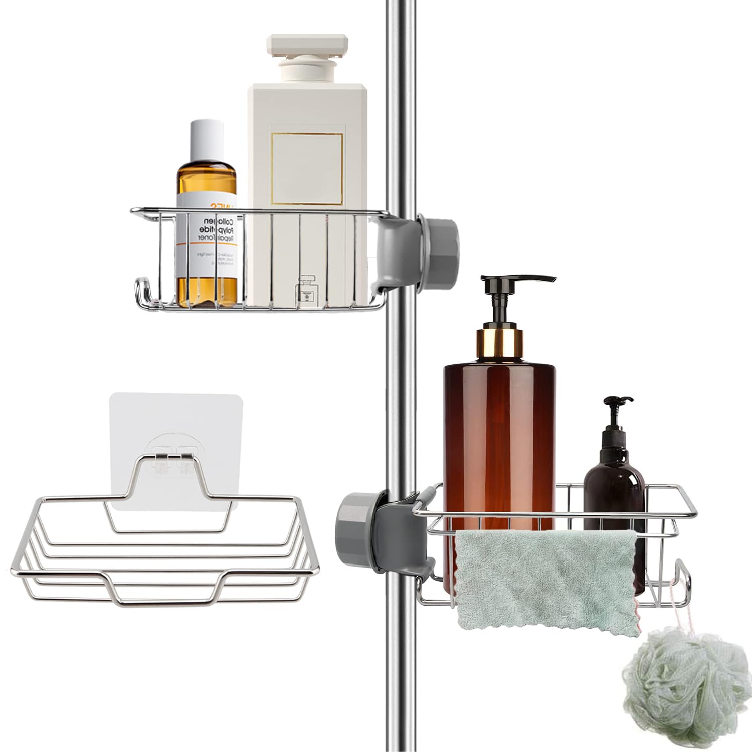 FXY 3Pcs Shower Caddy No Drill,Stainless Steel Rustproof Bathroom Organiser,Shower Shelves for Shower Riser Rail,Kitchen Sink Organiser,Shampoo Holder for Shower,for Kitchen Toilet Home