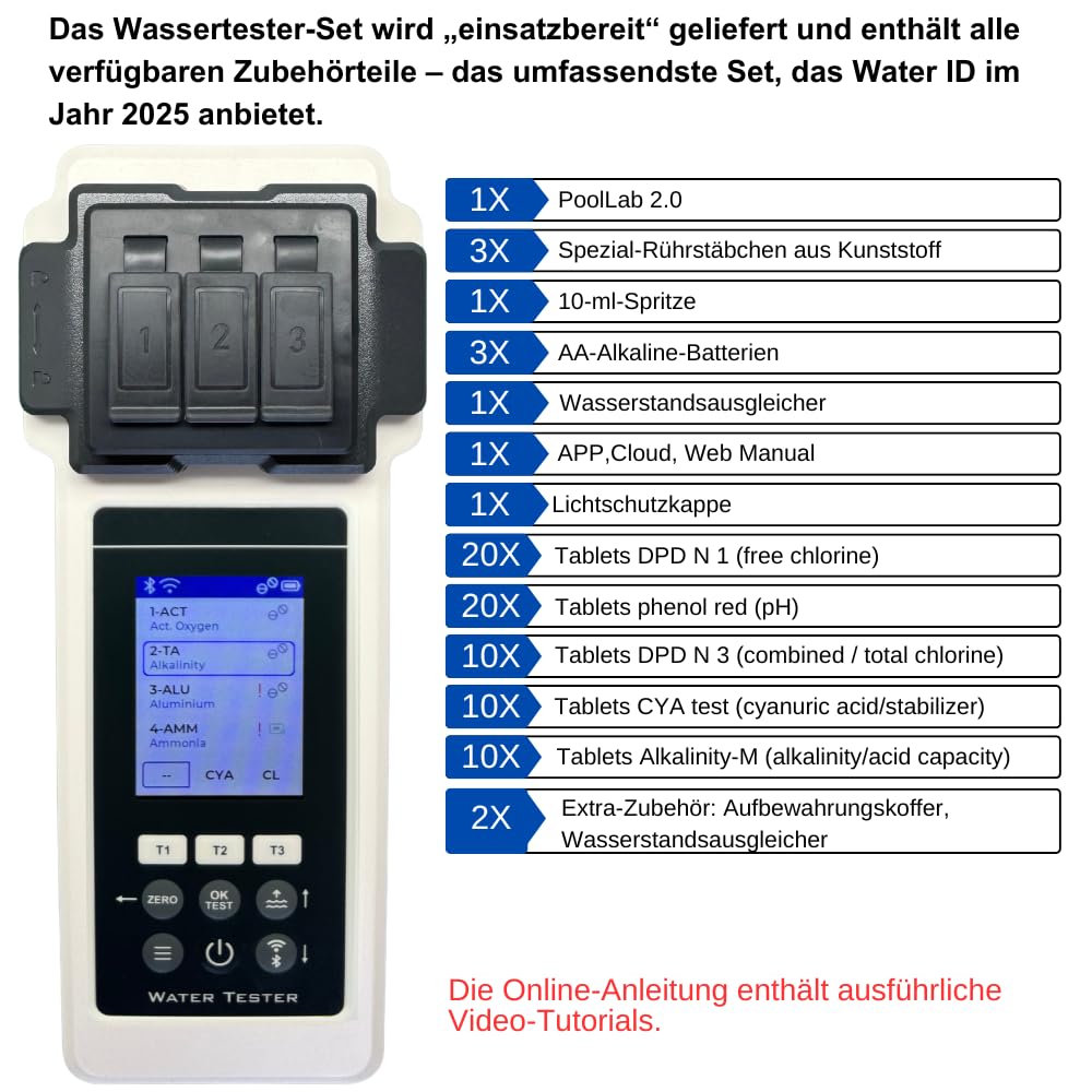 PoolLab 2.0 + Extra-Zubehör (Aufbewahrungskoffer & Wasserstandsausgleicher) – Premium Wasseranalyse-Set – 27 Parameter – WiFi, Bluetooth, App – Für Pool, Spa & Whirlpool – Sonderedition