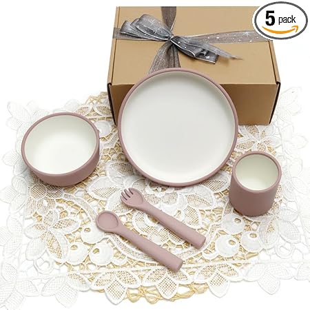 KIDS STATION 5pcs Dual Colour Food Grade Silicone, BPA-Free & Microwave Safe Baby Feeding Essentials Suction Plate, Feeding Bowl, Drinking Cup and Silicone Spoon and Fork (Pink)