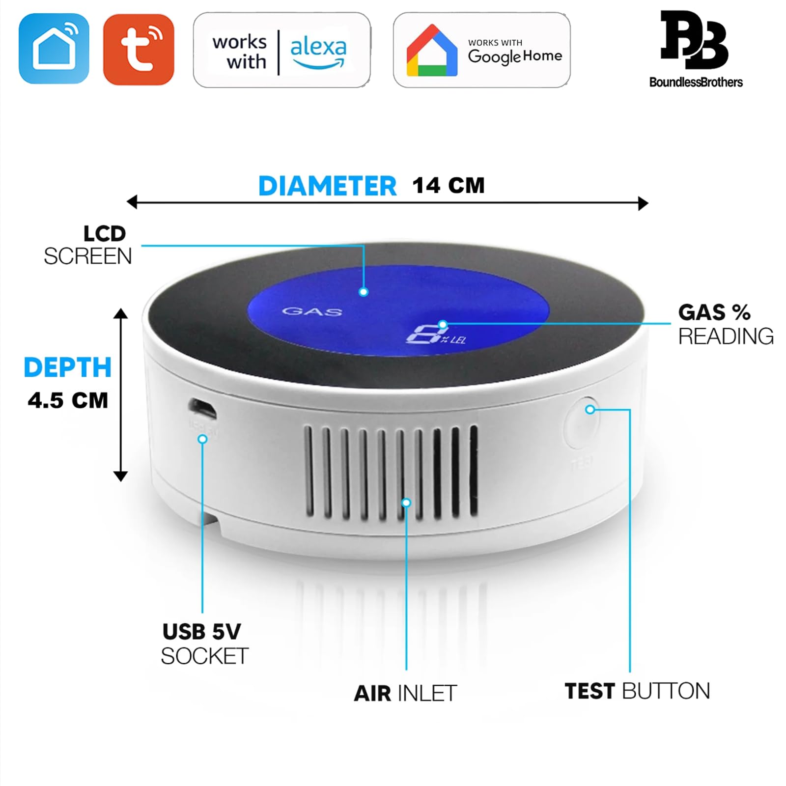 WLAN Gaswarner mit LCD, Gasleckmelder für Erdgas/Flaschengas/Kohlegas, 85dB Alarm, App-Steuerung, Kompatibel mit Alexa & Google Home, EN 50194 Zertifiziert, Typ-C Stromversorgung