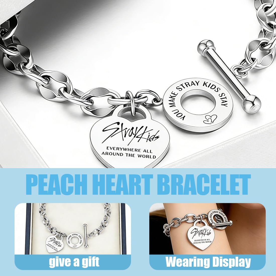 Stay Pulsera de acero inoxidable,Stay-Kids Merch,Pulsera Unisex de Plata,con Colgante de Corazón,Ajustable,Kpop Merchandise,Perfecto para Fans y Regalos