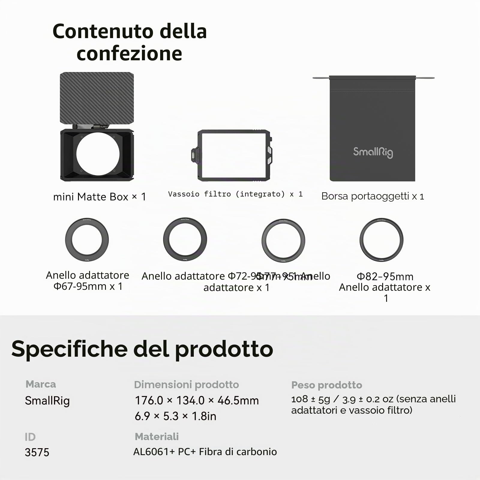 SMALLRIG mini Matte Box Lite con Vassoio Filtro Bandiera Superiore Compatibile con Obiettivi 67mm/72mm/77mm/82mm/95mm per DSLR e Fotocamere Mirrorless - 3575