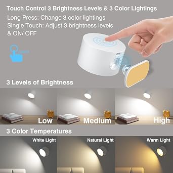 Hikyskin AKSDA Lámpara de pared a pilas, lámpara LED con iluminación Ajustable de 360°, 3 modos de Color, niveles de Brillo, Control táctil, montado para recámara, lectura Color Blanco