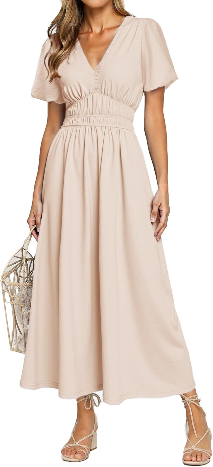 Simplee Women's Summer Flowy Midi Dress Casual V Neck Short Sleeve Empire Waist Boho Beach Wedding Guest Dresses