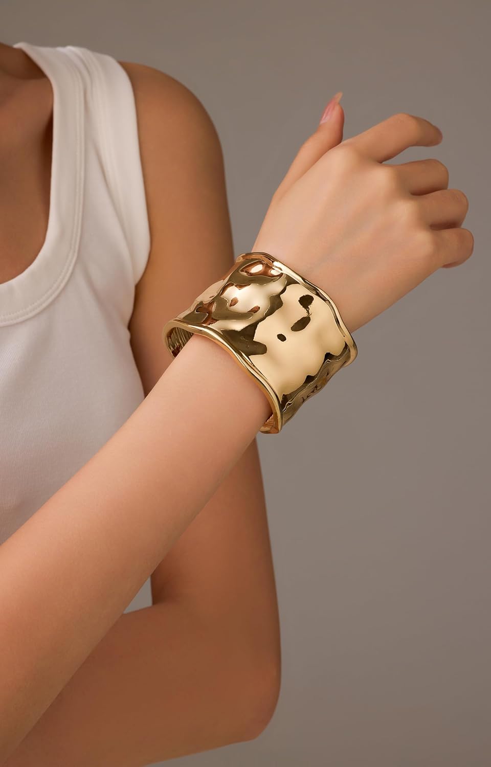 Chunky Cuff Bangle Bracelets for Women - 18K Gold & Silver Plated Hammered Wide Open Thick Wrist Cuff Bracelet, Irregular Trendy Modern Statement Jewelry - Image 3