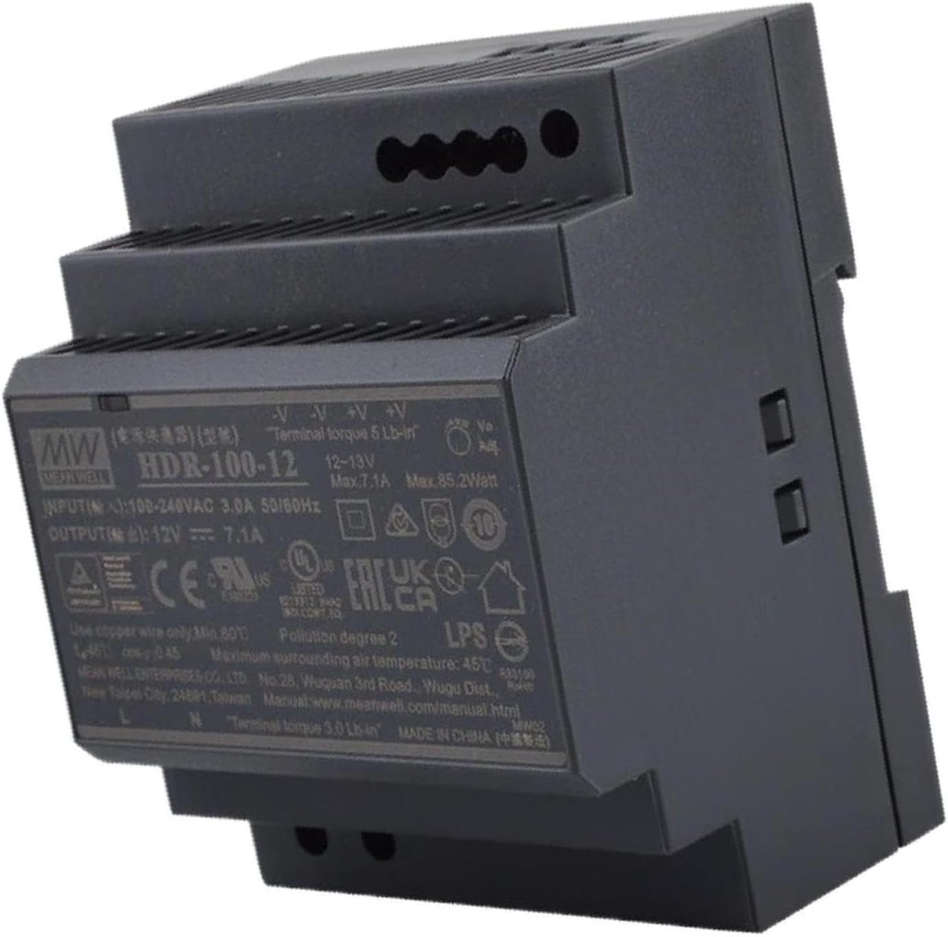MW Plastic Case HDR-100W-12/15/24/48N Step Shape Class II Ultra Slim Step Shape DIN Rail AC-DC Single Output Power Supply (HDR-100-12)