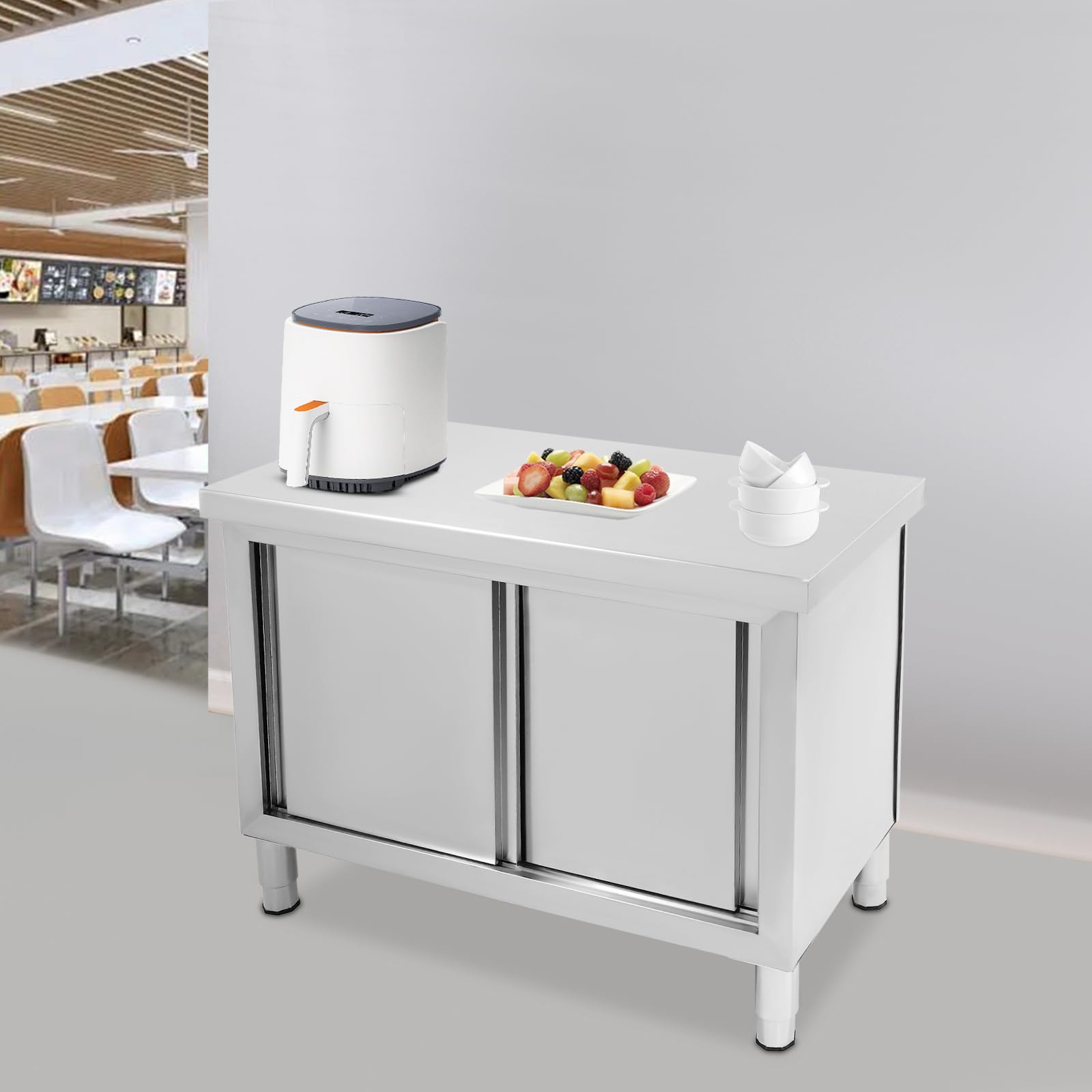 Mueble de restaurante de acero inoxidable con 2 puertas correderas de 100 x 50 x 95 cm, armario de trabajo de acero inoxidable
