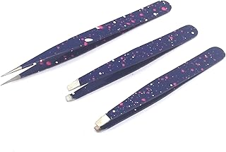 AAProTools 3 Premium Stainless Steel Eyebrow Tweezers with Pouch, Tweezers Set with Slant, Straight and Pointed Tips - Precision Calibrated - Best for Eyebrow, Ingrown Hair and Splinters (Blue & White