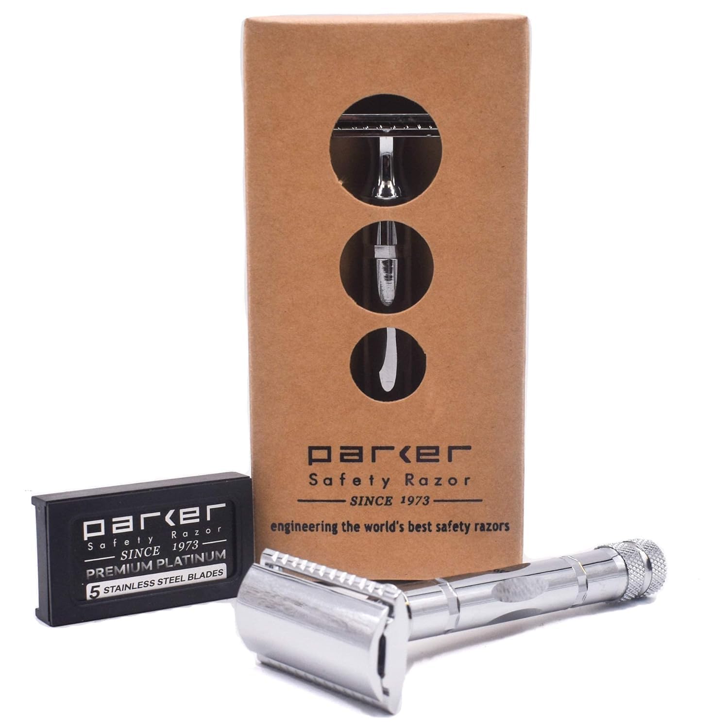 Parker 89R 3-Piece Safety Razor Handle with Chrome Plated Brass Handle, and 5 Parker Premium Double Edge Razor Blade Refills