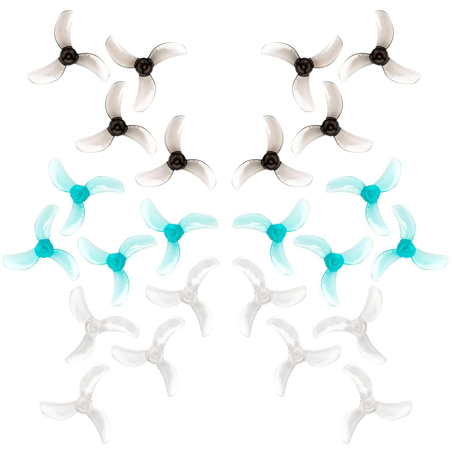 Gemfan 31mm 1208 3-Blade FPV Propellers with 1mm Center Hole for Micro Whoop Drone Racing Quadcopter for 0802 25000KV Brushless Motors (Clear + Clear Gray + Clear Blue, 24pcs - 12CW 12CCW)