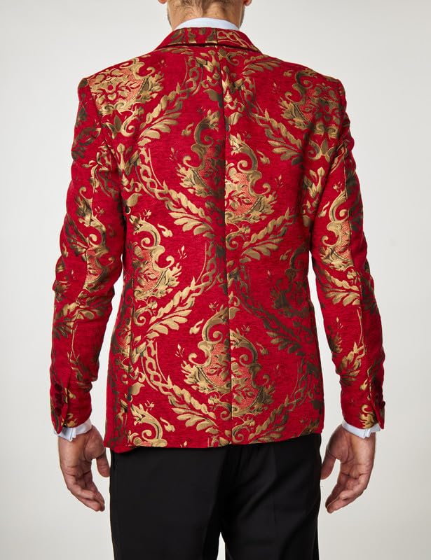 Xposed Stampa Paisley Broccato da Uomo su Giacca Jacquard Rosso Cremisi Blazer da Festa su Misura