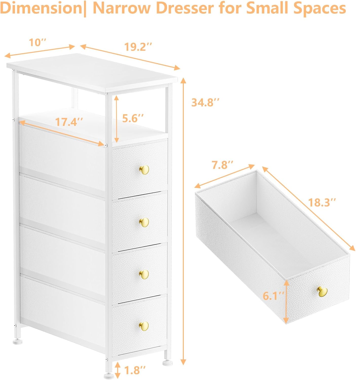 Narrow Dresser for Bedroom, Slim Dresser Storage Tower, Chest of 4 Fabric Drawers with Wood Shelf, Bathroom Organizers and Storage for Small Spaces, Laundry, Closet, White