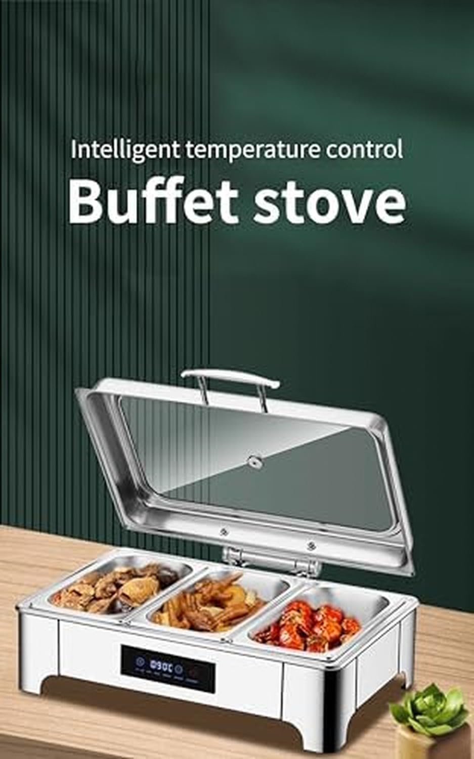 Set di scaldavivande in acciaio inox con coperchio ribaltabile e riscaldamento a LED per catering, banchetti, eventi, scaldavivande, confezione da 2
