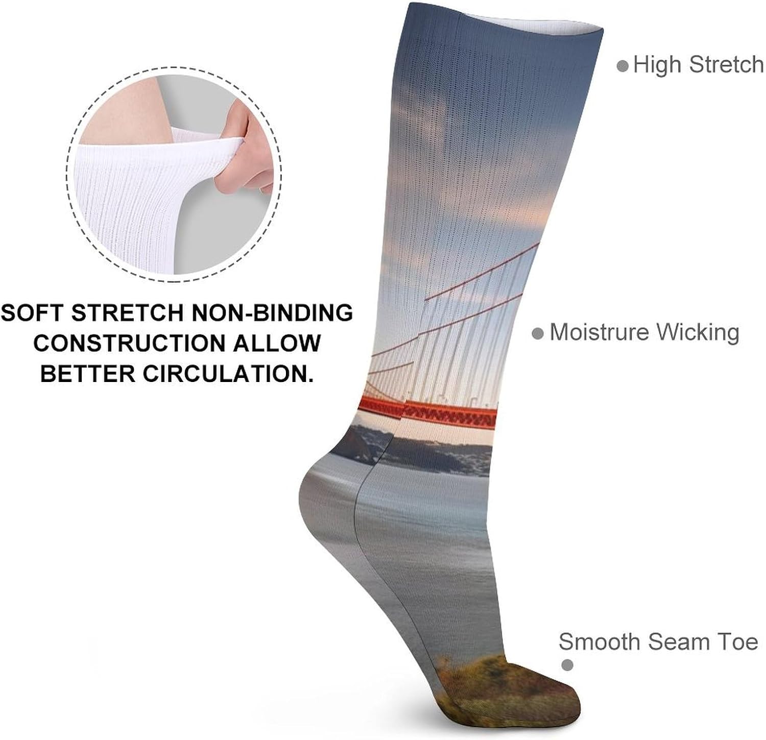 Breathable Crew Sock, Moisture Wicking, Athletic Calf Socks, Cozy | Golden Gate Bridge Compression Socks for Women Men, Lightweight High Work Socks for Business, Casual